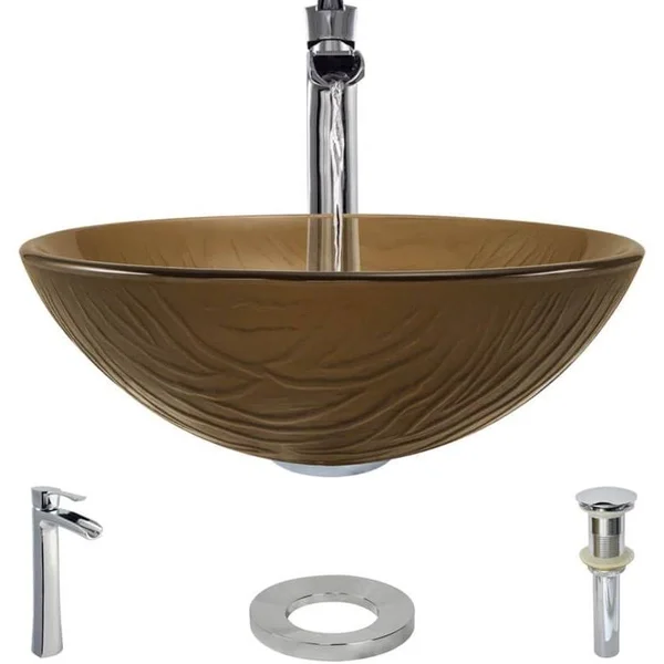 Rene R5-5025-R9-7007 16-5/8x22 Glass Vessel Bathroom Sink with Vessel Faucet Sink Beach Sand - Chrome