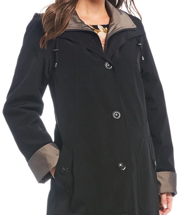 Women's Gallery Full Length Two-Tone Silk Look Raincoat - Size Medium - Black