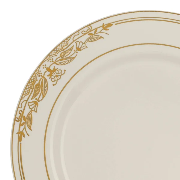 120 Plates - 10.25x22 White with Pink and Gold Harmony Rim Plastic Dinner Plates