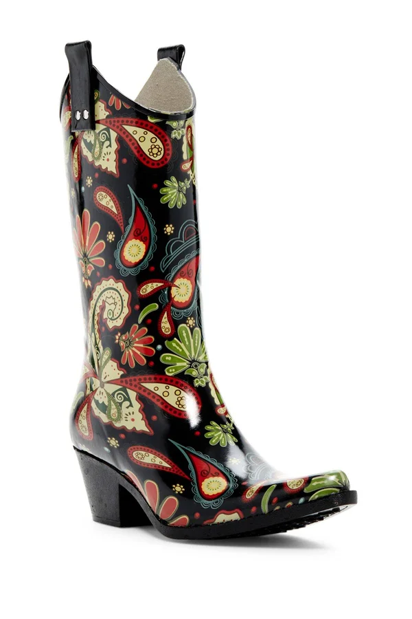 Nomad Women's Yippy Paisley Print Cowboy Rain Boot Black Paisley 11