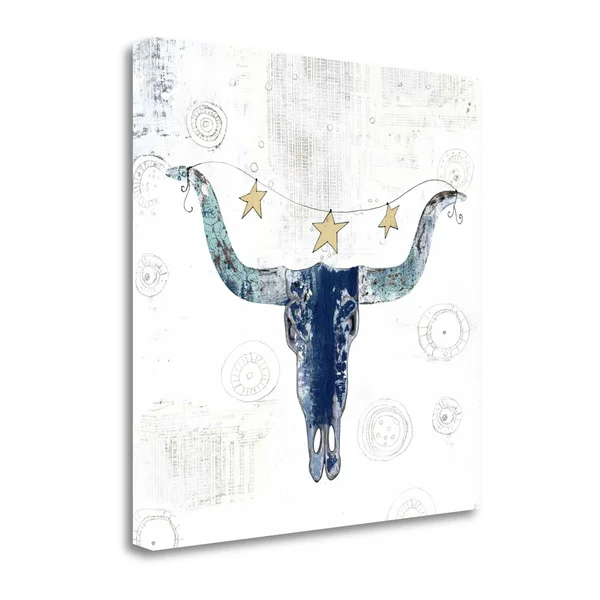 Tangletown Fine Art Navy Cow Skull by Sarah Ogren, Fine Art Giclee Print on Wrap Canvas, 30x30x22