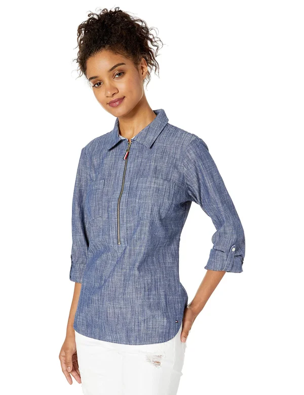 Tommy Hilfiger Women's Half Zip Popover Shirt, Chambray Blue, S