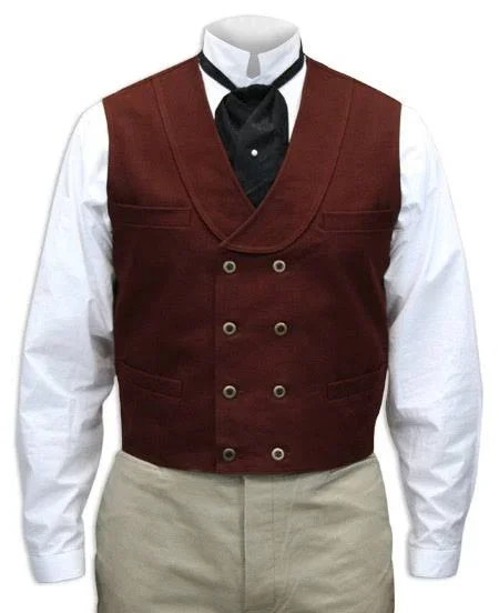 Canvas Double Breasted Vest - Crimson Vintage Mens Red Cotton Shawl Collar Dress Vest (Size S) - Romantic, Old Fashioned, Trad