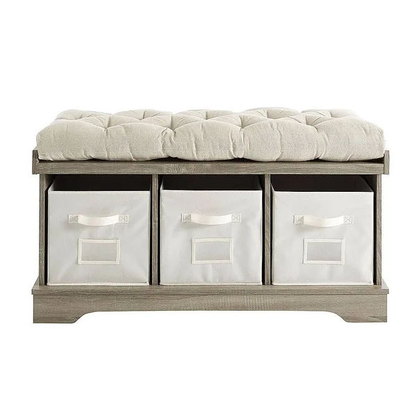 Walker Edison - Rustic Farmhouse Entryway Storage Bench with Totes - Gray Wash