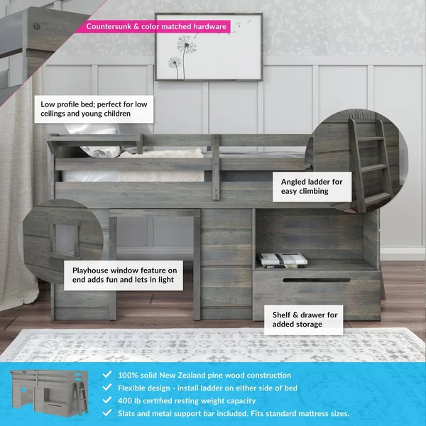 Max & Lily Modern Farmhouse Loft Bed with 1 Drawer, Twin, Espresso