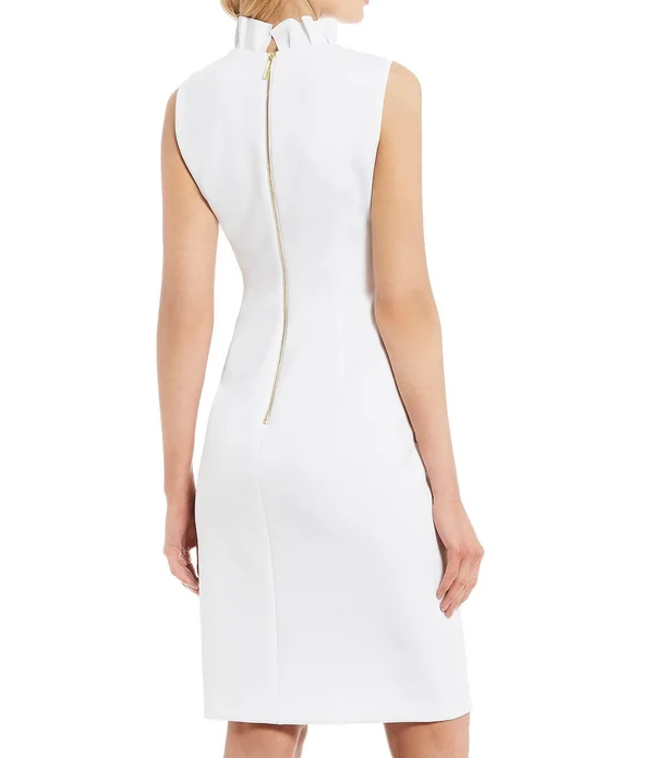 Calvin Klein Ruffle Neck Sheath Dress - Women's, Size: 12, White