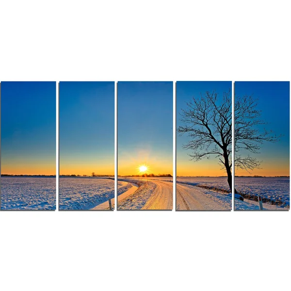 Design Art Distant Sunset in Winter - Landscape Photography Canvas Print - Yellow - 60 in. Wide x 32 in. High - 5 Panels Diamond