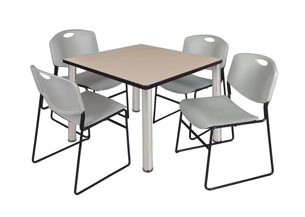 Regency Kee 36x22 Square Breakroom Table- Beige/ Chrome & 4 Zeng Stack Chairs- Grey