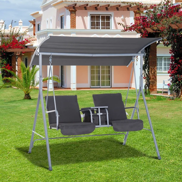 Outsunny 2 Person Porch Covered Swing Outdoor with Canopy, Table and Storage Console, Grey, 53.9 x 21.6 x 6.5 inches