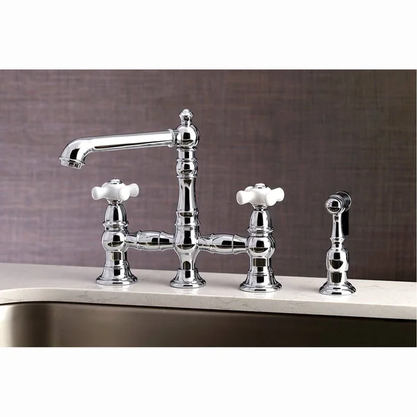 Kingston Brass KS7278PXBS English Country 8x22 Bridge Kitchen Faucet with Sprayer - Brushed Nickel