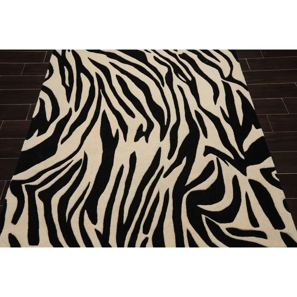 5x8 Hand Tufted Hand Made 100% Wool Animal Print Modern & Contemporary Oriental Area Rug Black - White Color - 5& x 7& 11&&