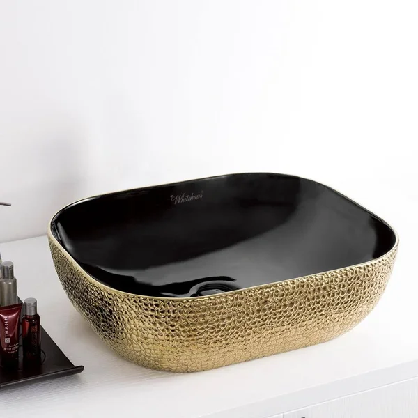 Whitehaus Collection Isabella Plus Rectangular Vessel Bathroom Sink, Black/Gold