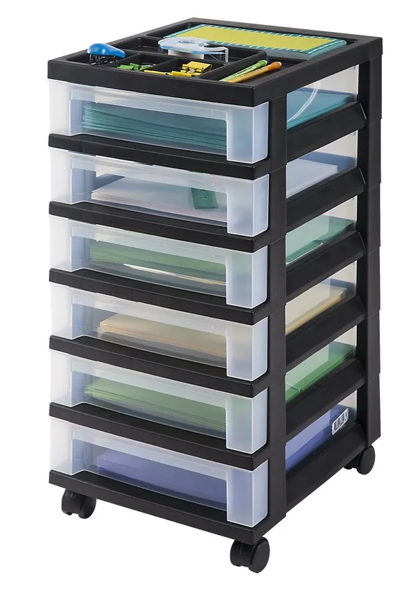 Iris 6-Drawer Storage Cart with Organizer Top Black