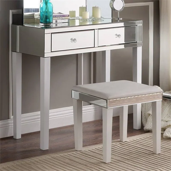 Brika Home 2 Piece Mirrored Bedroom Vanity Set in White - BR-1890233