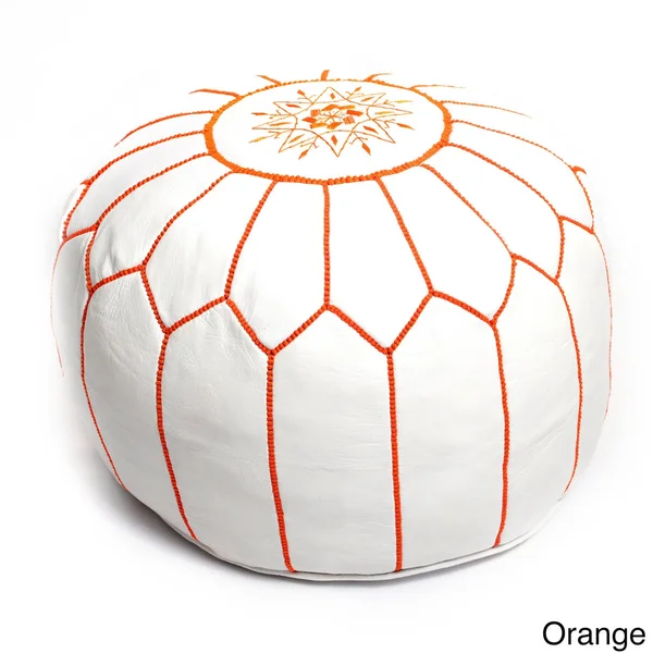 Beldi Nest Moroccan Pouf Leather Ottoman; White/Black