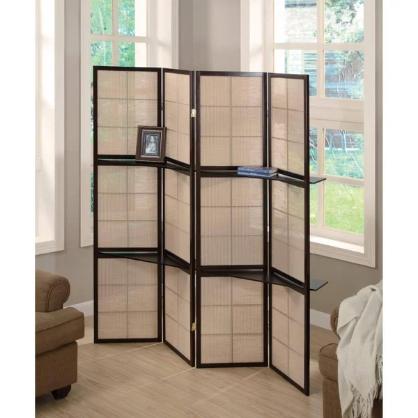 Benzara - Stylish Four Panel Folding Screen with Shelves - Brown