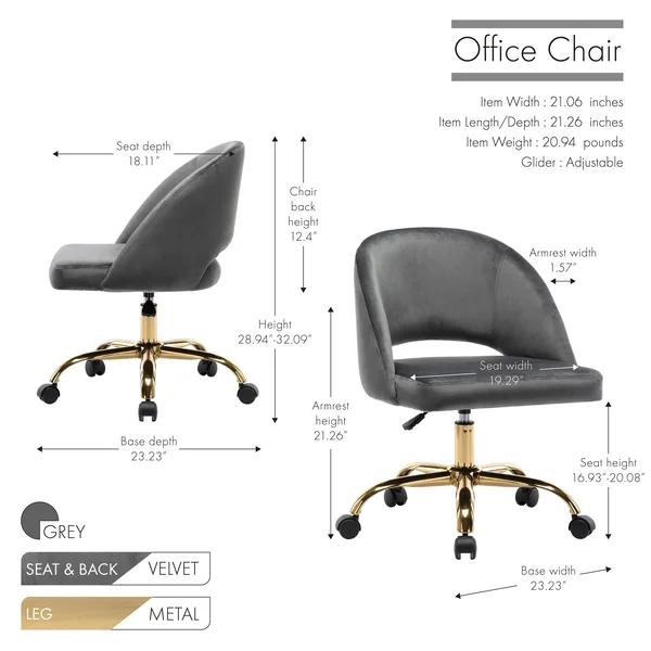 Porthos Home Naiko Velvet Upholstery Swivel Office Chair - Grey