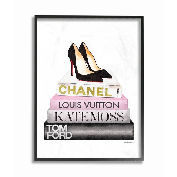 Stupell Industries Fashion Designer Shoes Bookstack Pink Black Watercolor Framed Wall Art by Amanda Greenwood, Size: 24 x 30