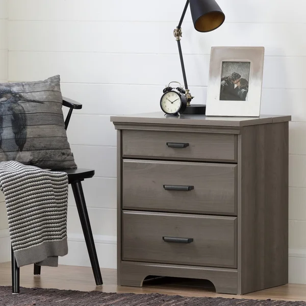South Shore Versa Nightstand with Charging Station and Drawers, Gray Maple
