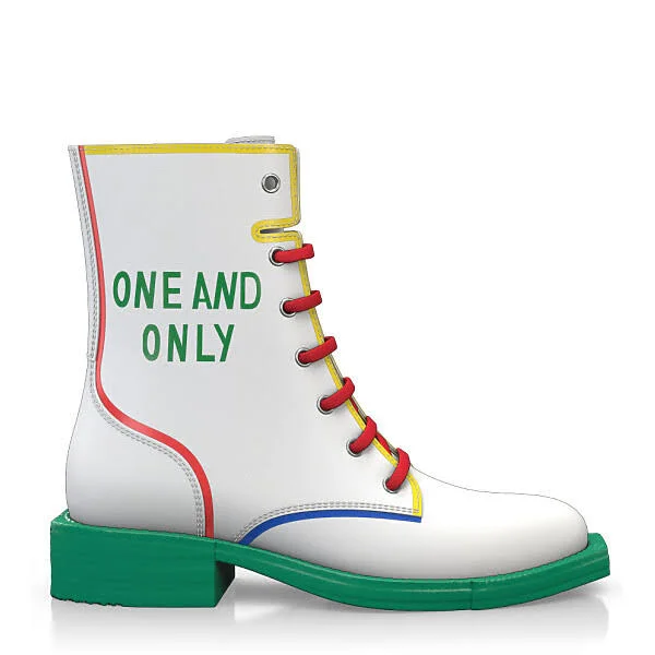 Women's Lace-Up Ankle Boots - Combat Boots Handmade with White Leather, Laces, Zipper, Low Heel - Custom Design - Girotti