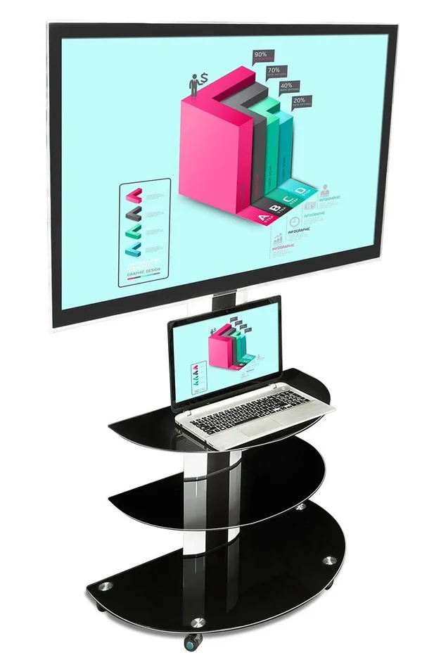 Mount-It! Mobile TV Cart with Curved 3-Tiered Glass Shelving Furniture and TV Mount (MI-873)