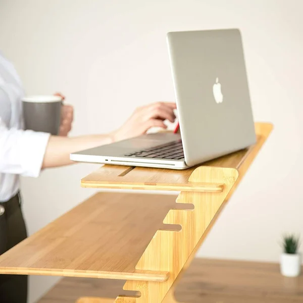 Crew & Axel Standing Desk Converter 100% Natural Bamboo Adjustable Sit Stand Riser Workstation for Desktop or Laptop - Dual M