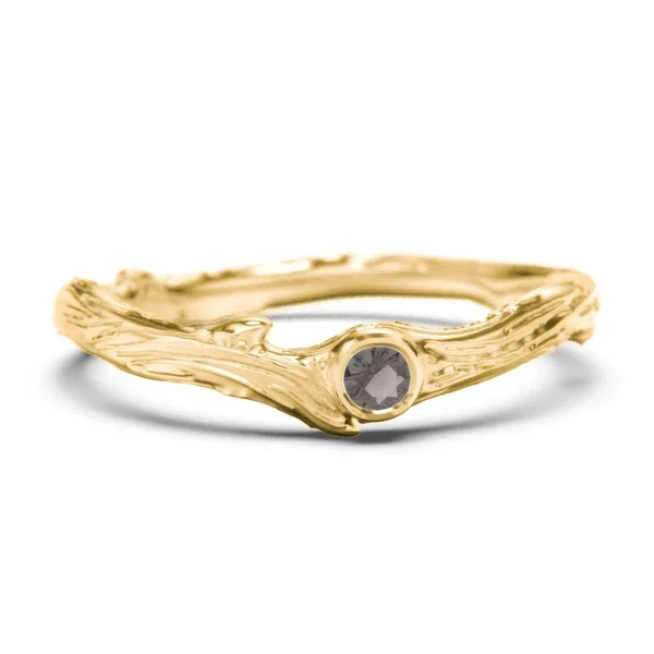 14K Yellow Gold Organic Twig Textured Band with Birthstone and Smokey Quartz Stone