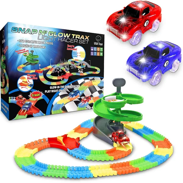 Glow Race Tracks for Boys 360pk Flexible Glow in The Dark Magic Snap Race Tracks for Kids w/ Light Up Car Toys - Car Racing Track