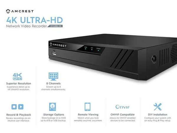 Amcrest NV4108-HS 4K NVR (8ch 1080p/3MP/4MP/5MP/6MP/8MP) Network Video Recorder -Supports Up to 8 x 8-Megapixel IP Cameras @30fp