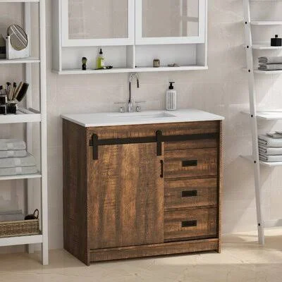 35 inch Single Bottom Sink Bathroom Barn Door Vanity - with Pure White Countertop, 35 Inches, Dark Brown Gracie Oaks