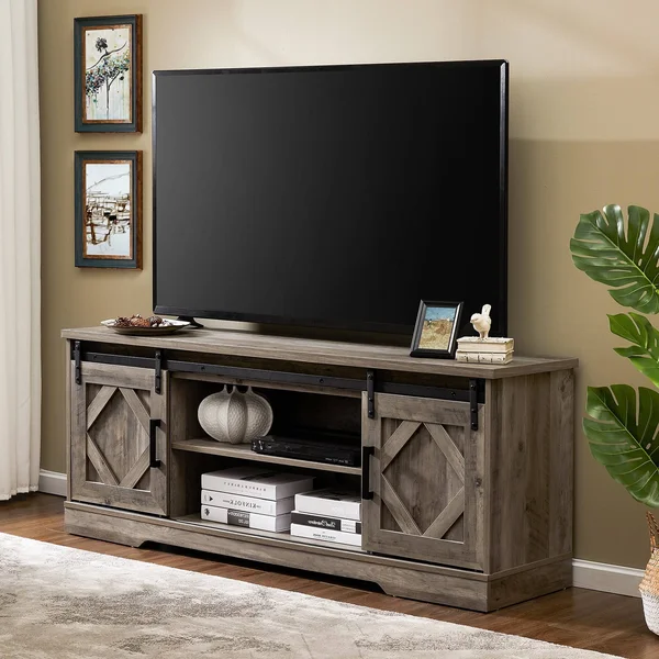 Wampat Farmhouse Sliding Barn Door TV Stand Rustic Gray Wash 59x22 - Grey