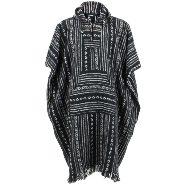 Brushed Cotton Long Hooded Poncho - Black Diamond