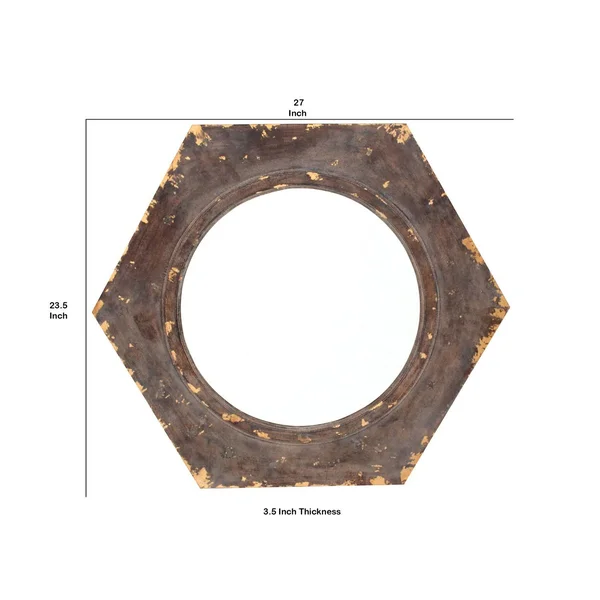 Rustic Style Wooden Wall Mirror with Hexagonal Frame - Silver and Brown