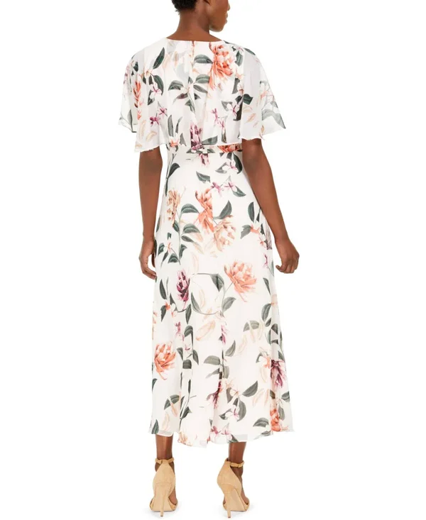 Calvin Klein Womens Pink Sheer Overlay Sleeves Floral Short Sleeve Jewel Neck Below The Knee Fit + Flare Evening Dress Size 2