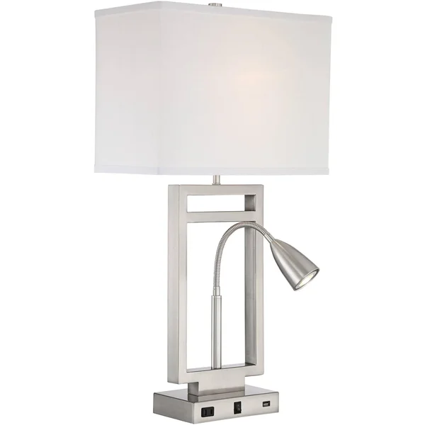 Possini Euro Design Modern Table Lamp with USB Outlet Reading Light LED Brushed Nickel Rectangular Off White Shade Bedroom Offic
