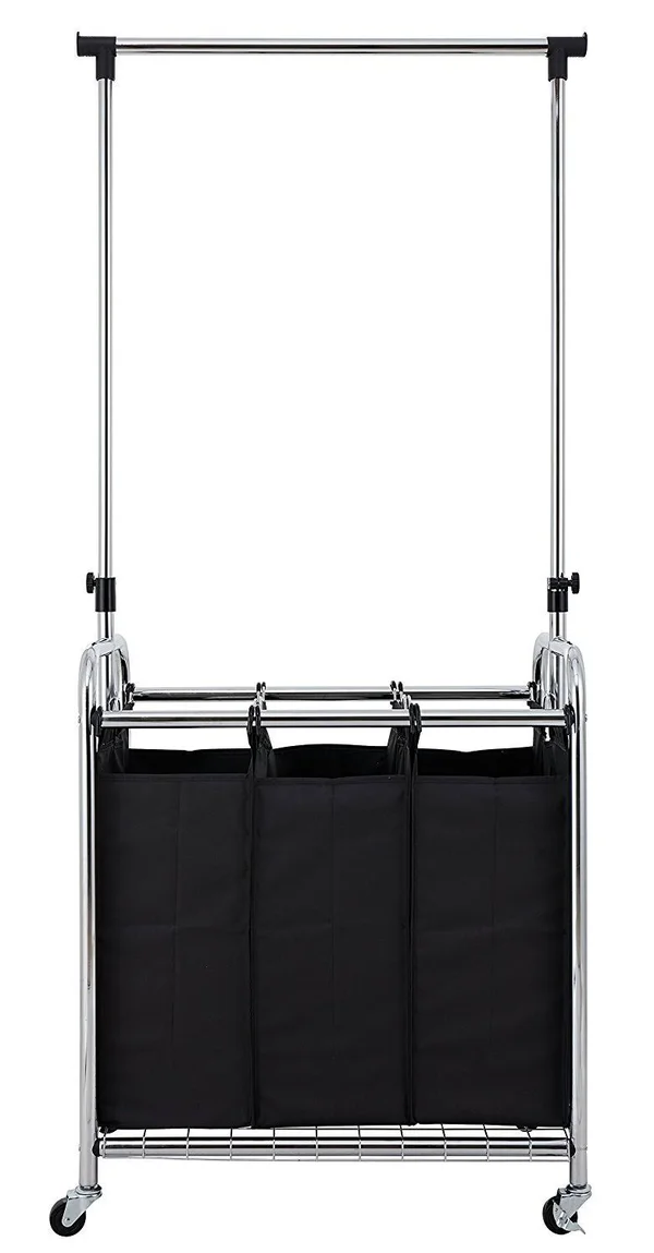 Finnhomy 3-Bag Rolling Laundry Sorter Cart with Hanging Bar Heavy-Duty Wheels Larger Bags Chrome
