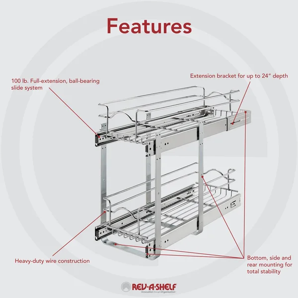 Rev-A-Shelf 5WB2-0922CR-1 9 x 22 in Two-Tier Kitchen Storage Wire Basket - Chrome