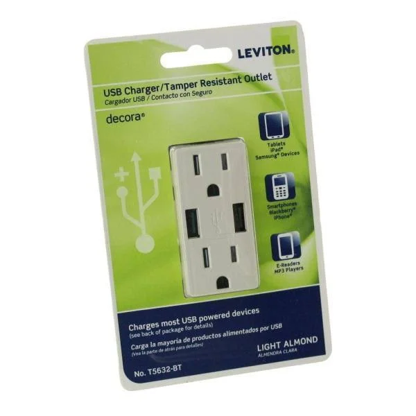 Leviton 15 Amp Decora Combination Tamper Resistant Duplex Outlet and USB Charger - Light Almond (9-Pack)