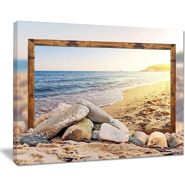 Design Art 'Framed Beach Rocks' Photographic Print on Wrapped Canvas - Size: 20 inch H x 40 inch W x 1 inch D, Blue