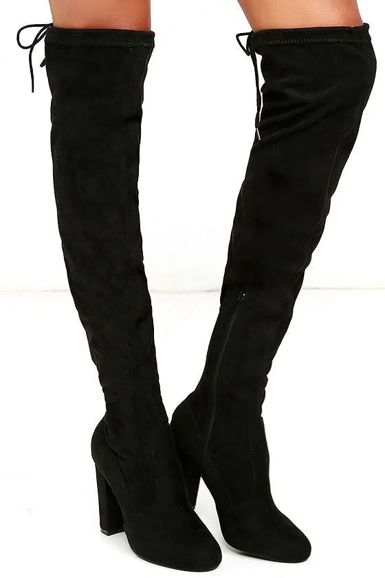Lulus - So Much Yes Black Suede Over The Knee High Heel Boots, Size 6, Vegan Friendly