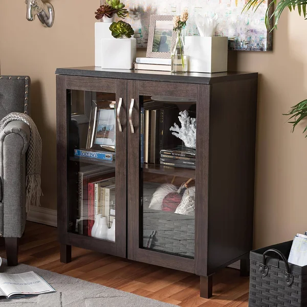 Baxton Studio Sintra Modern Sideboard Storage Cabinet with Glass Doors - Dark Brown