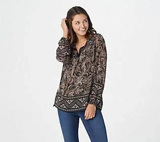 Belle by Kim Gravel Boho Paisley Print Blouse - Size Small, Neutral