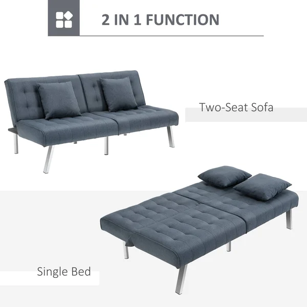 HOMCOM 2-Seater Convertible Sofa Bed with 7 Adjustable Angled Backrest Levels - 2 Pillows, and 5 Steel Legs - Grey