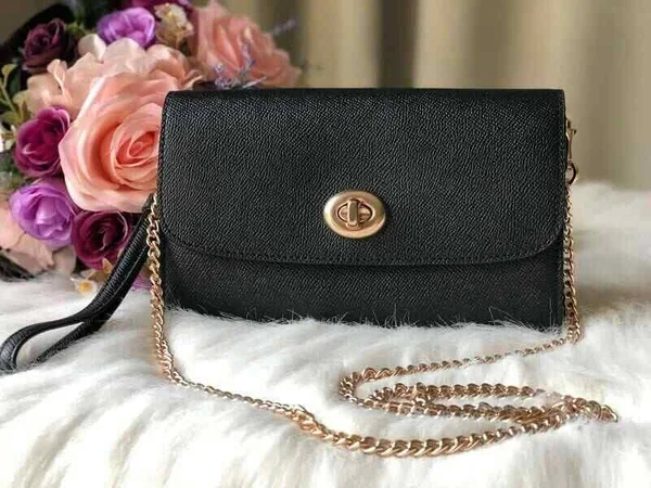 Coach Black Leather Chain Crossbody Clutch F33390 Nwt