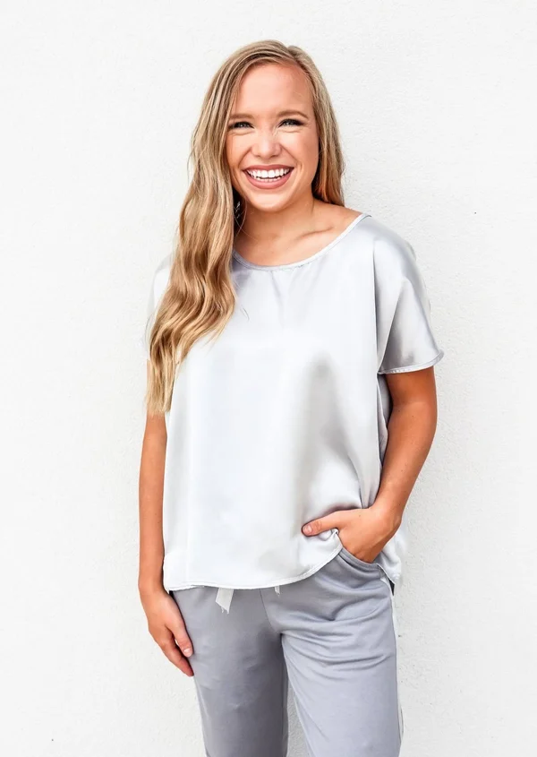 PJ Harlow Roxxy Satin Lounge Top - M, Dark Silver