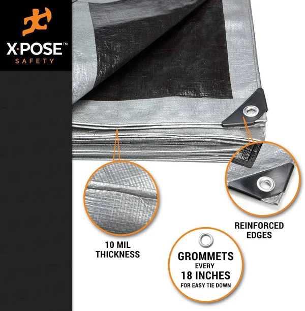 Xpose Safety Heavy Duty Poly Tarp - 15& x 30& - 10 Mil Thick Waterproof, UV Blocking Protective Cover - Reversible Silver and Bl