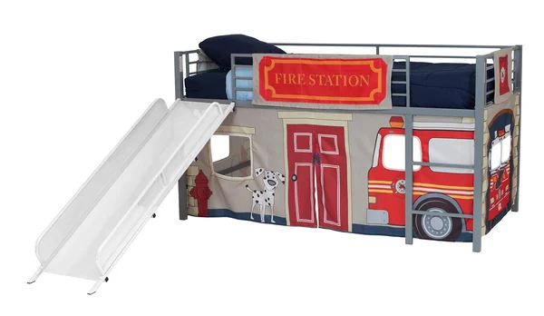 DHP Junior Themed Twin Loft Bed with Slide and Curtain Set - Red with White Slide
