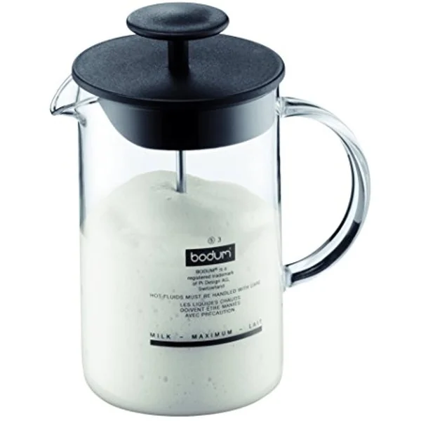Bodum Latteo Glass Milk Frother with Handle and Black Lid 8 Ounce