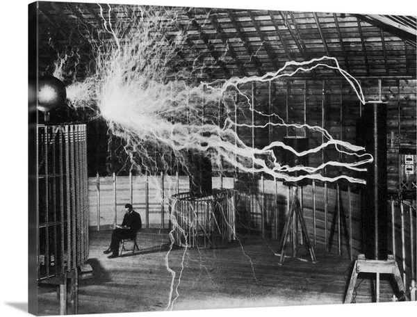 Bolts of Electricity Discharging in The Lab of Nikola Tesla, Canvas Wall Art, 40x30, Great Big Canvas