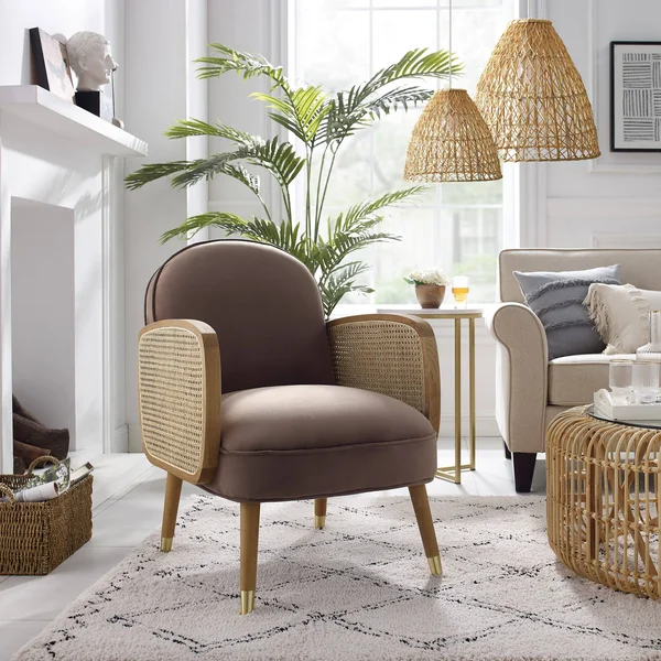 Art-Leon Woven Rattan Armrest Velvet Upholstery Accent Chair